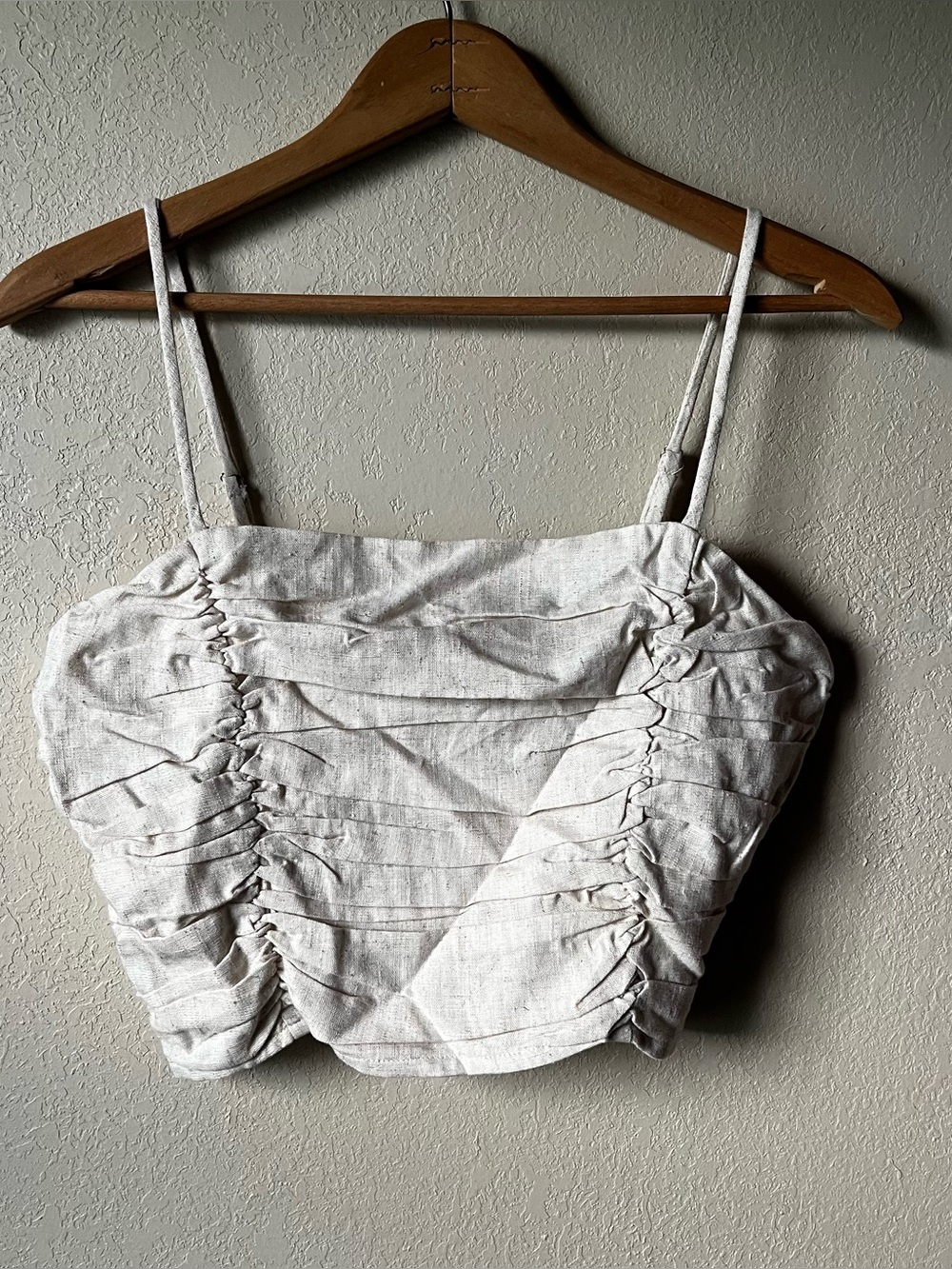Sugar lips Cream Ruched Linen-Blend Crop Top